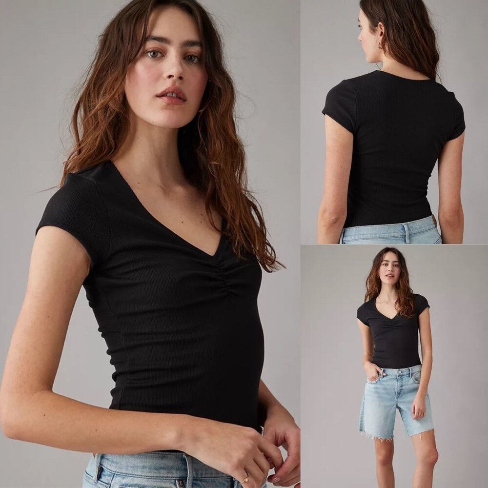 American Eagle AE Women's V-Neck Cinch Front Bodysuit Top Shirt Size XXL Black